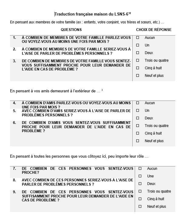 Questionnaire sur l'isolement social LSNS6